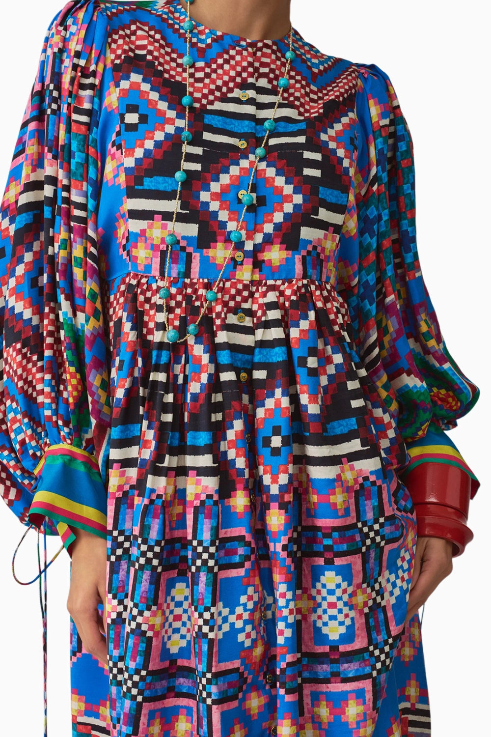 Sara Ikat Print Puff Sleeve Dress