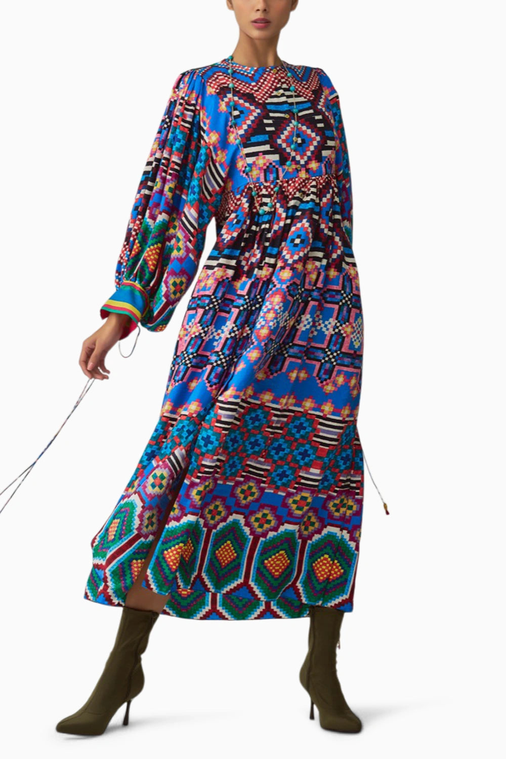 Sara Ikat Print Puff Sleeve Dress