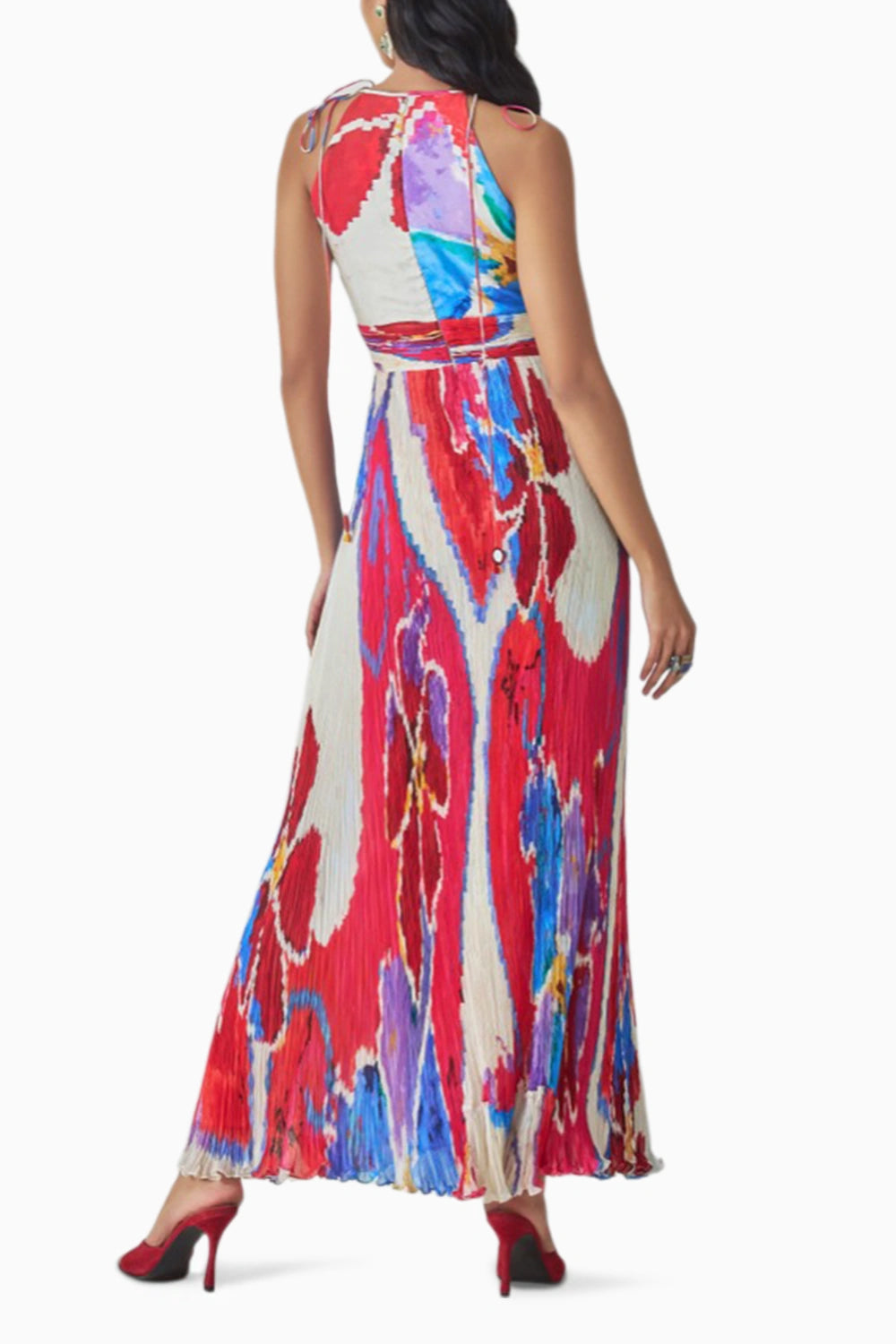 Jewel Ikat Pleat Halter Neck Maxi Dress