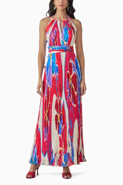 Jewel Ikat Pleat Halter Neck Maxi Dress