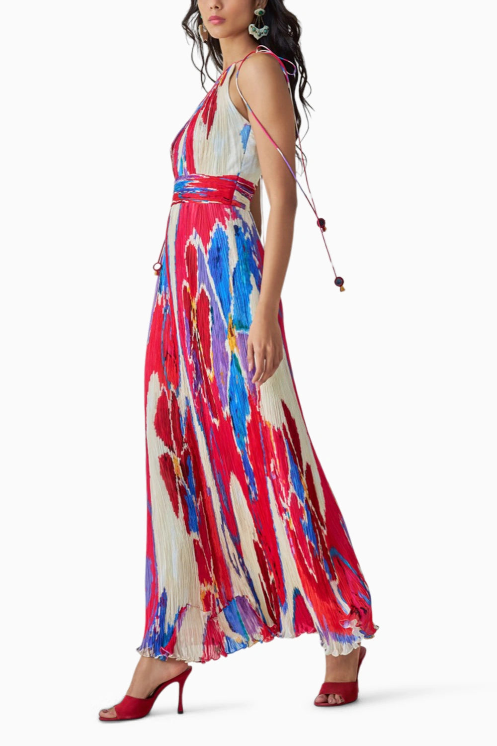 Jewel Ikat Pleat Halter Neck Maxi Dress