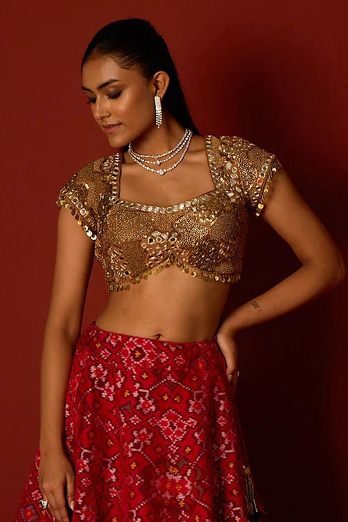 Red Patola Lehanga with Gold Embellished Blouse and Dupatta