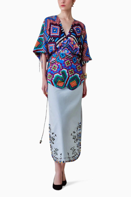 Nina Ikat Wrap Blouse & Morgan Embroidered Maxi Skirt