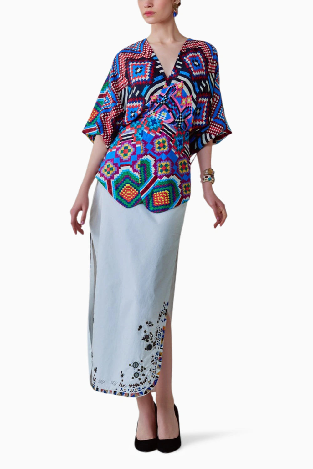 Nina Ikat Wrap Blouse & Morgan Embroidered Maxi Skirt