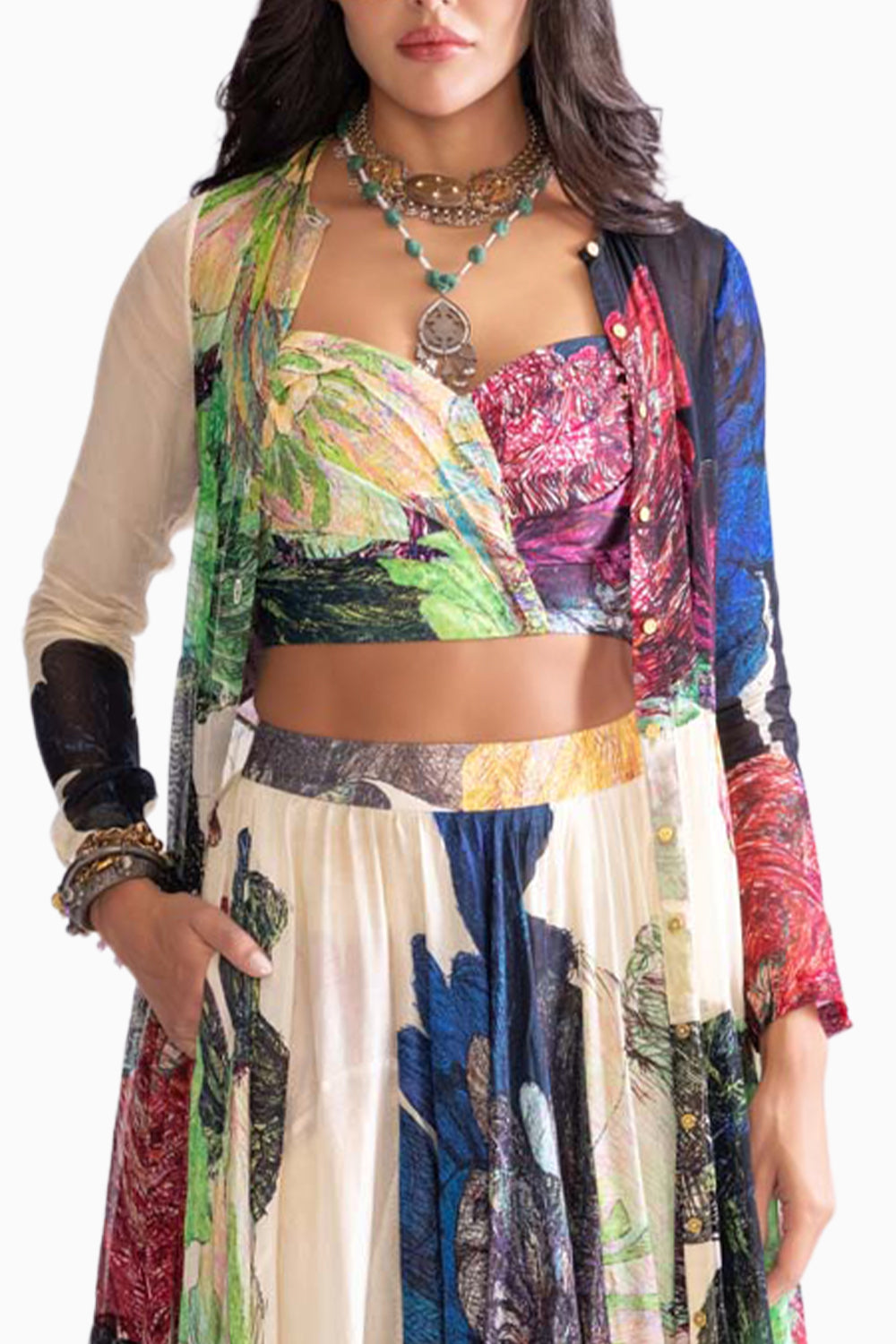 Bluey Multi Blouse with Magnolia Cape and Magnolia Lehenga