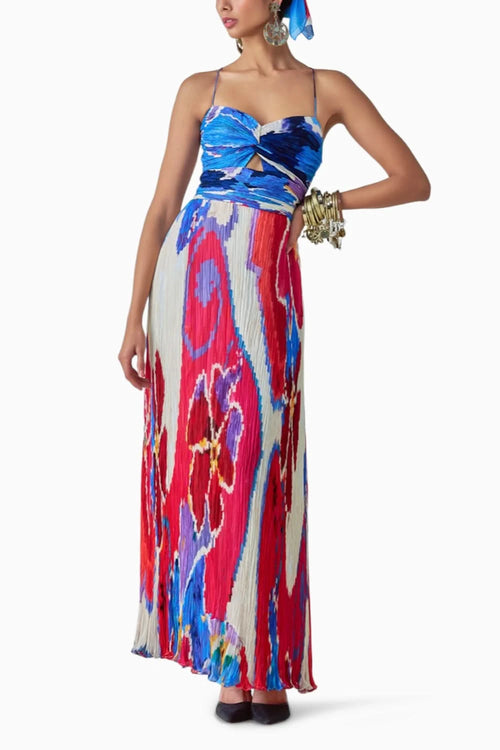 Layla Ikat Dual Print Pleat Maxi Dress