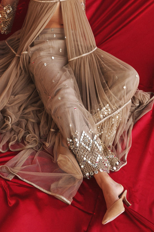 Taupe Net Palazzos With Mirrorwork