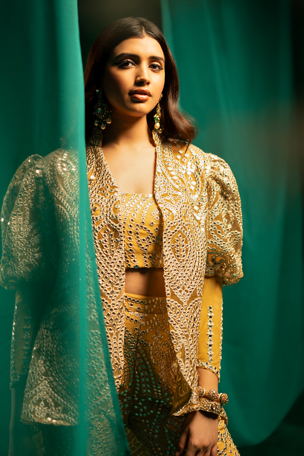 Golden Silver Jacket with Tulip Sharara and Mirrorwork Bandeau