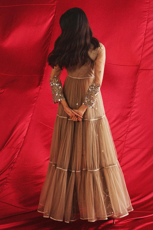 Taupe Net Layered Anarkali Jacket