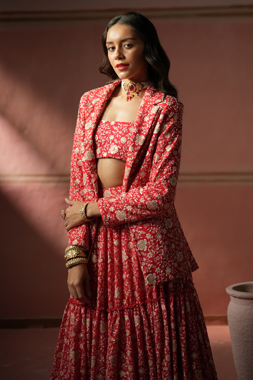 Red Chikankari Lehanga Set