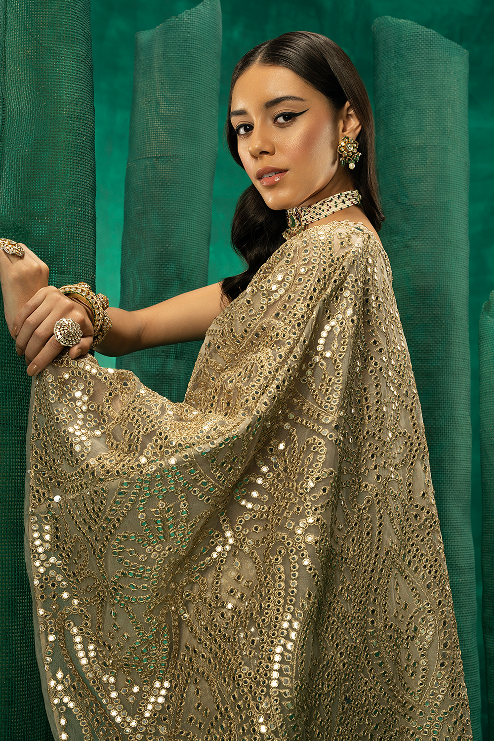 Off Shoulder Embellished Cape in Golden Zari Net with Bootcut Palazzos