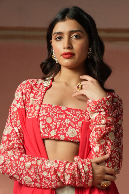 Watermelon Red Embellished Top with Satin Farshi and Bandeau