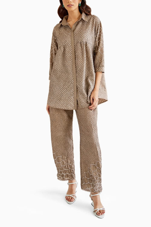 Nude Brown Raidaana Crushed Bandhani Coord Set
