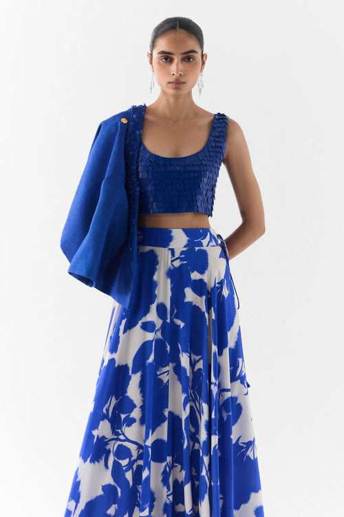 Blue Ink Leather Blouse And Skirt Set