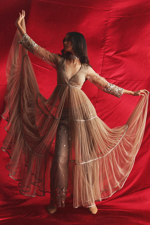 Taupe Net Layered Anarkali Jacket