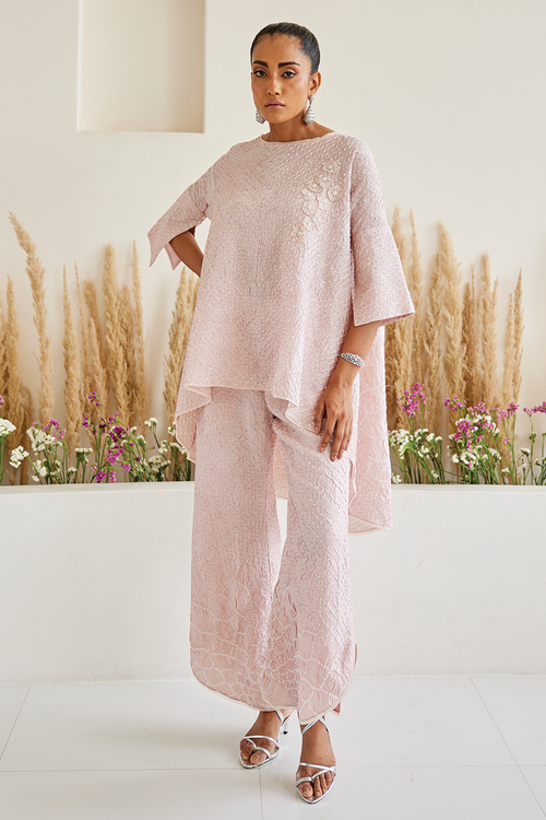 Pastel Pink Crushed Bandhani Coord Set