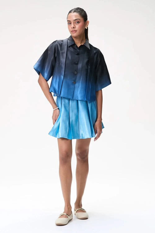 Blue Ombré Box Pleat Short Skirt