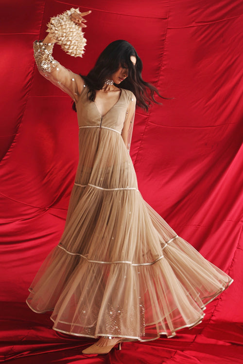 Taupe Net Layered Anarkali Jacket
