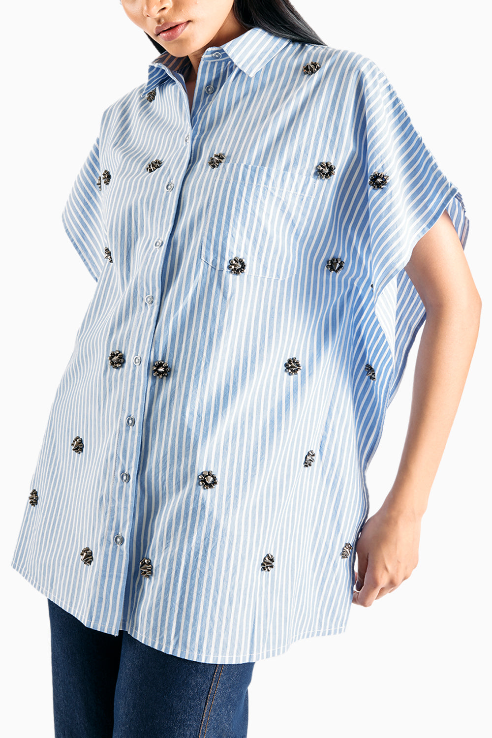 Stripe Embellished Blue Kaftan Shirt