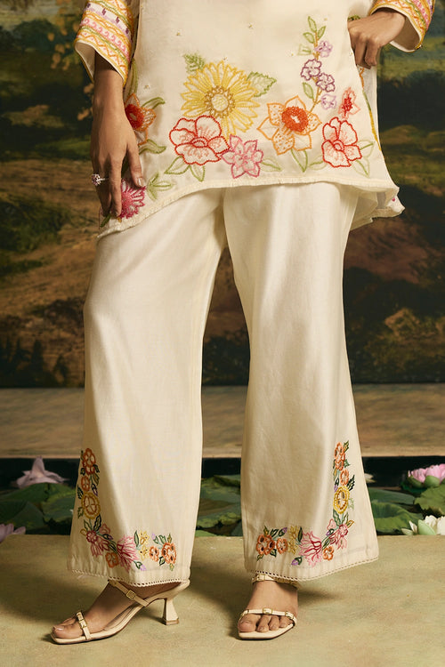 Ivory Floral Blossom Tunic With Cutwork Pants