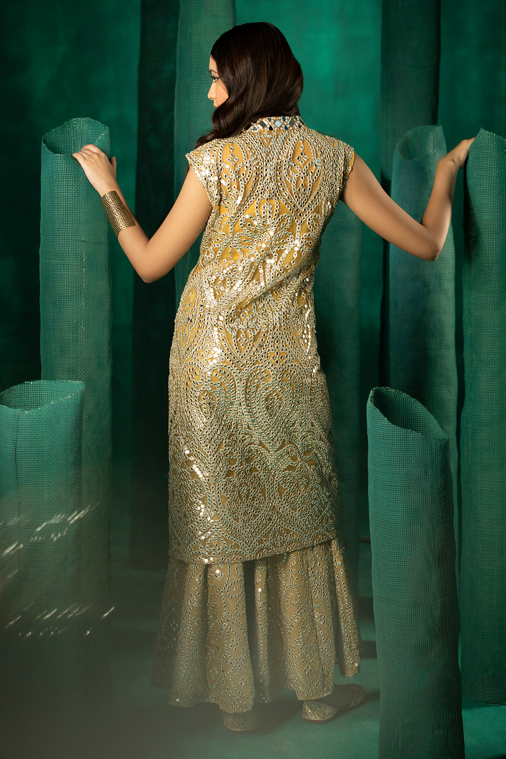 Golden Embellished Sherwani with Bandeau with Sharara