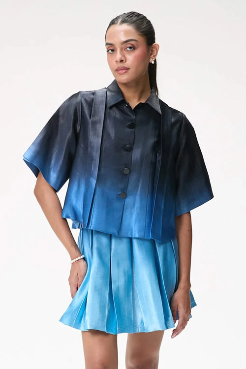 Blue Ombré Box Pleat Short Skirt