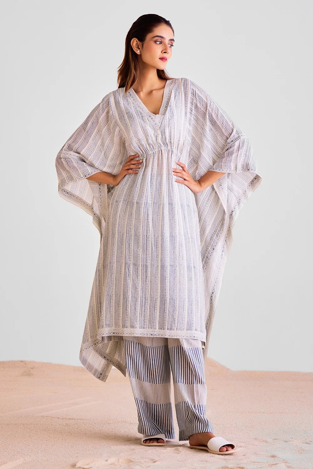 Off White Kaftan And Trouser Set