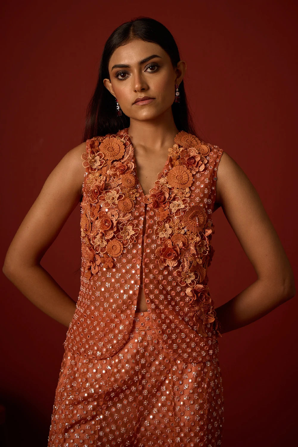 Rust Floral Gillet with 3D Flowers