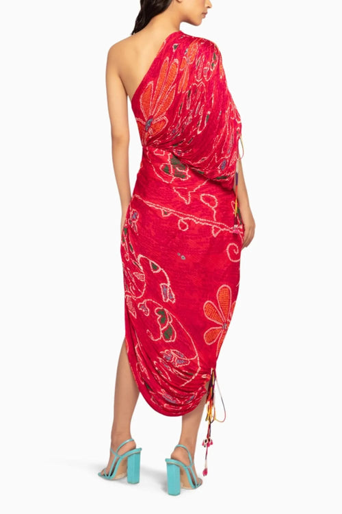 Periwinkle Bandhani One-Shoulder Sari Dress
