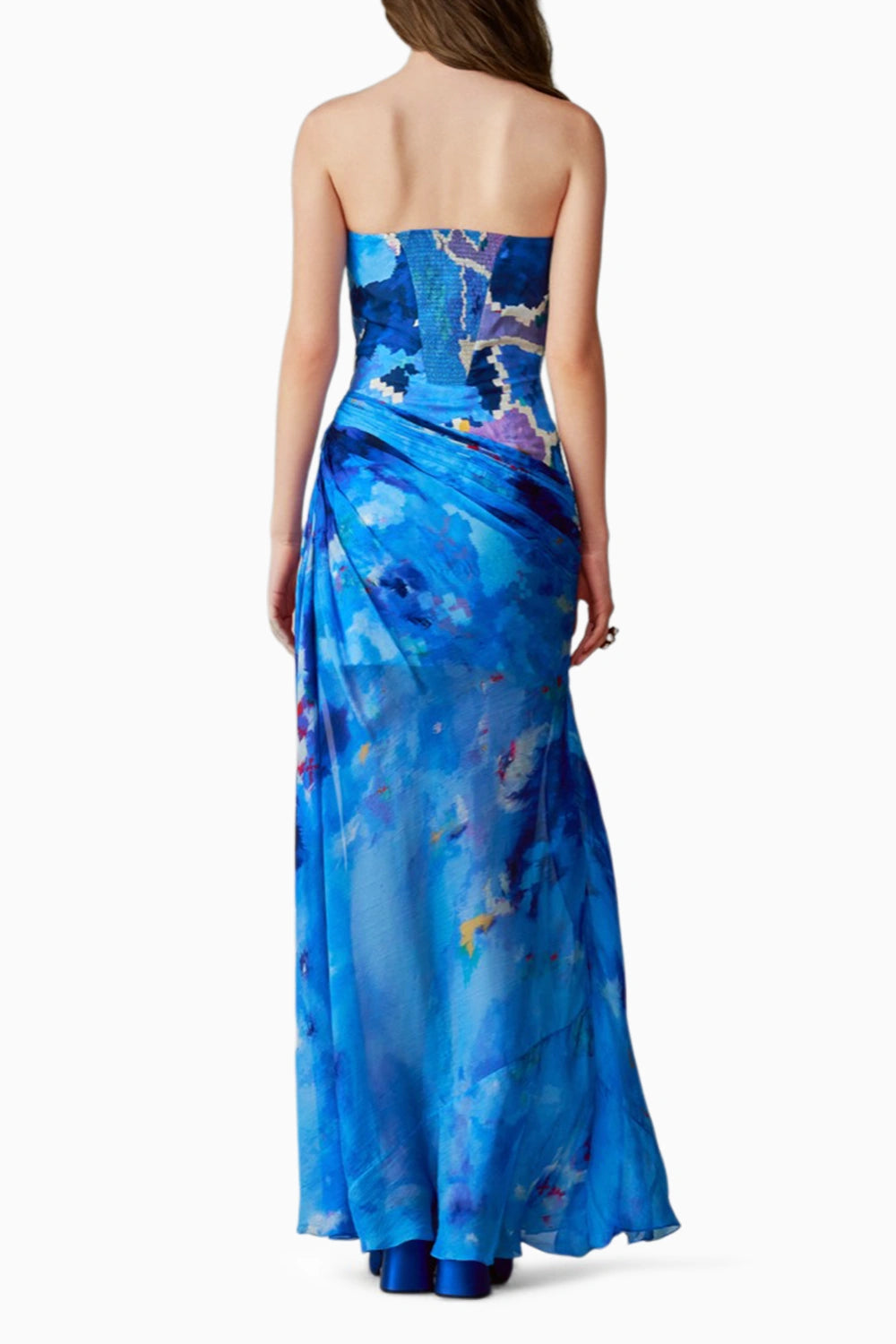 Anastasia Ikat Pleat Gown with Side Ruffle Detailing