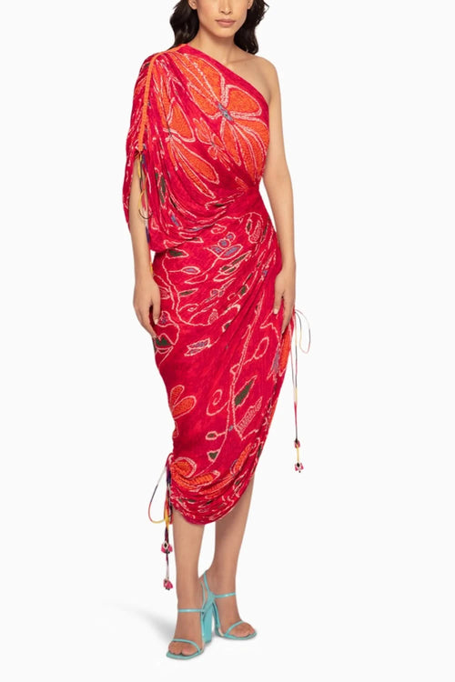 Periwinkle Bandhani One-Shoulder Sari Dress