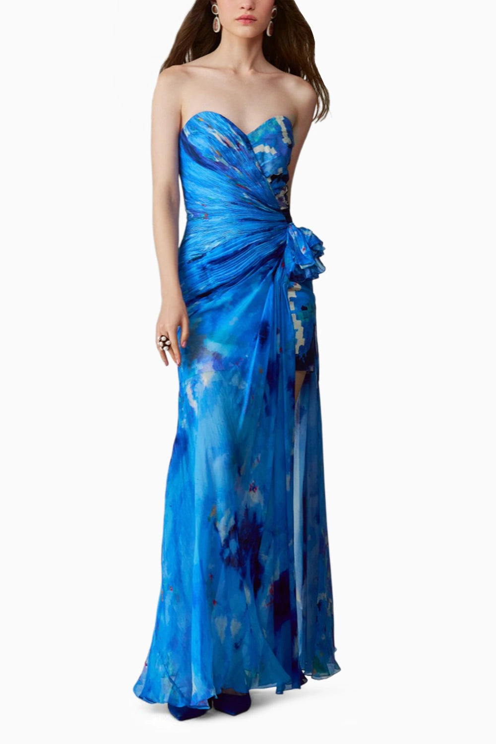 Anastasia Ikat Pleat Gown with Side Ruffle Detailing