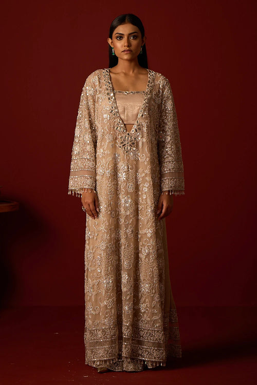 Dusky Taupe Deep V Neck Kaftan with Bustier and Pallazos