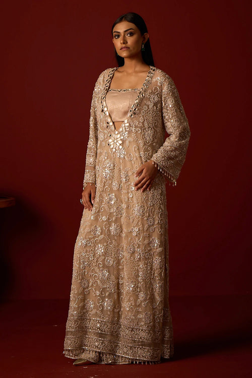 Dusky Taupe Deep V Neck Kaftan with Bustier and Pallazos