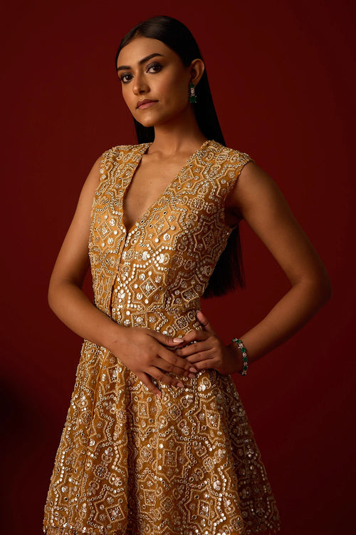 Marigold Peplum Top With Slit At Back and Bootcut Pants