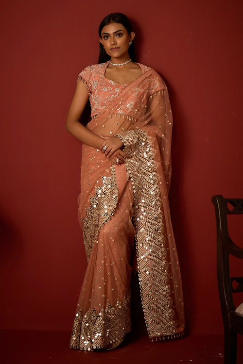 Flamingo Pink Net Mirrorwork Embellished Saree With Mirrorwork Beadwork Blouse
