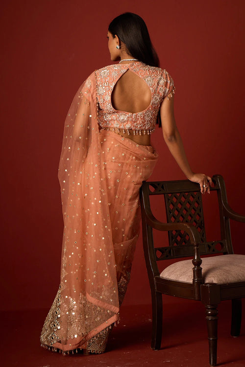 Flamingo Pink Net Mirrorwork Embellished Saree With Mirrorwork Beadwork Blouse