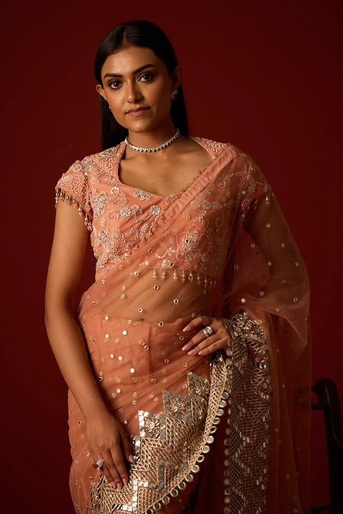 Flamingo Pink Net Mirrorwork Embellished Saree With Mirrorwork Beadwork Blouse