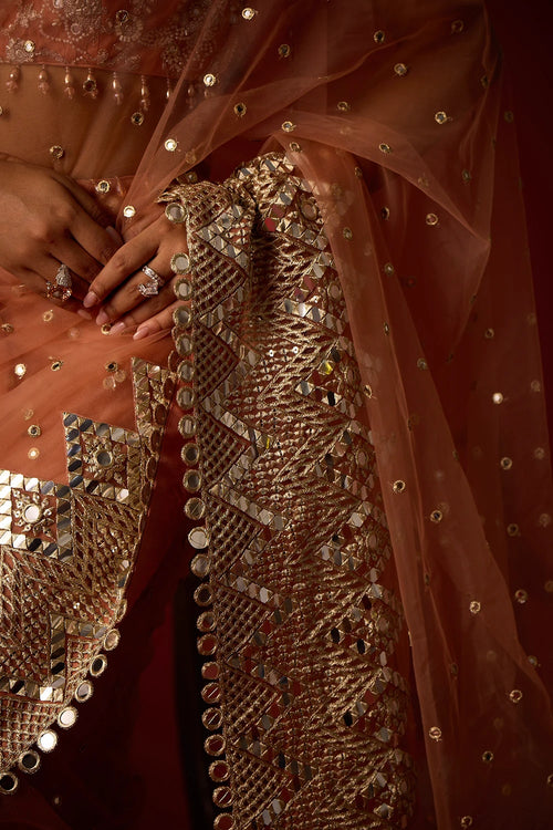 Flamingo Pink Net Mirrorwork Embellished Saree With Mirrorwork Beadwork Blouse