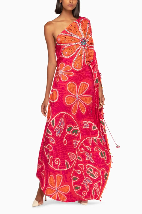 Marigold Bandhani Asymmetric Silk Kaftan