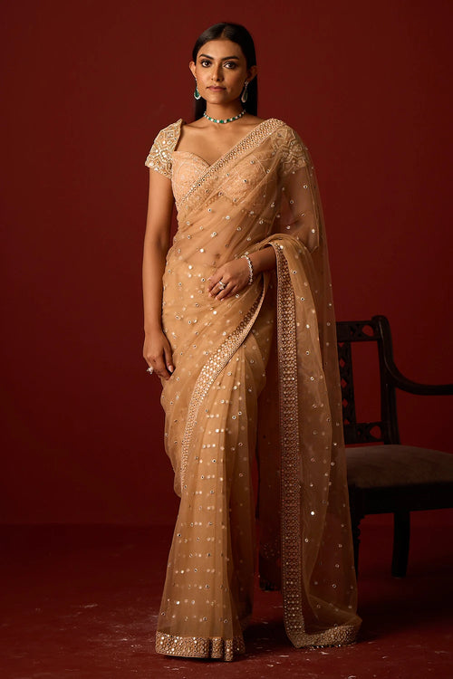 Gold Net Mirrorwork Embellished Saree With Mirrorwork Beadwork Blouse