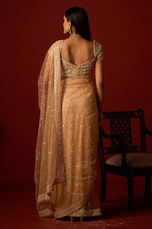 Gold Net Mirrorwork Embellished Saree With Mirrorwork Beadwork Blouse