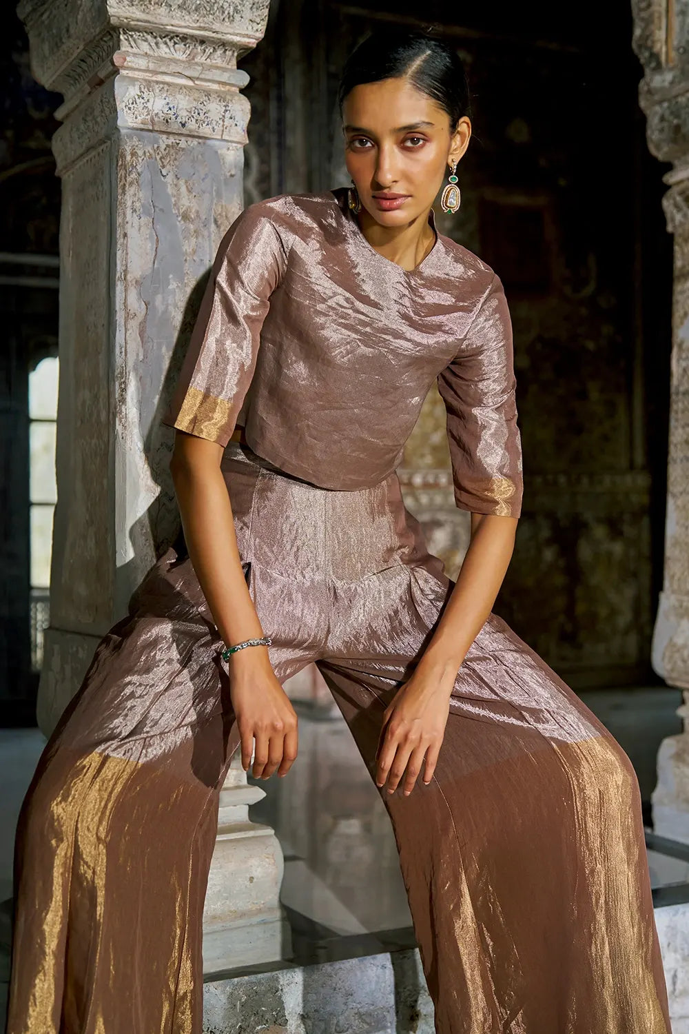 Champagne Gold Benares Tissue Pant Set