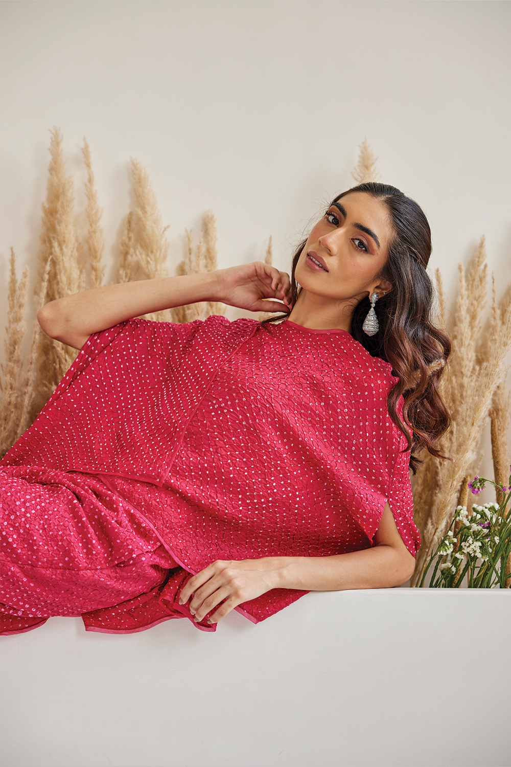 Pink Bandhani Wrap Over top with Slit Plazzos