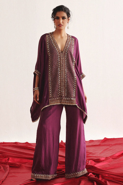Purple Marodiwork Kaftan & Ankle Length Palazzo Set