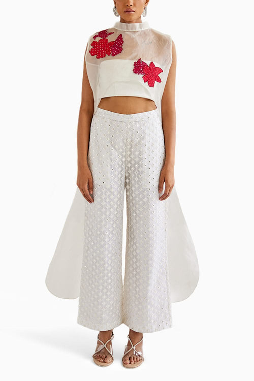 White Organza Applique Trail Top with Mirrorwork Palazzos