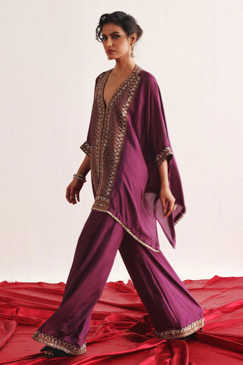 Purple Marodiwork Kaftan & Ankle Length Palazzo Set