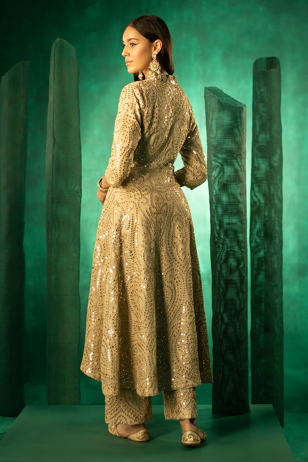 Golden Asymetrical Sherwani with Mirrorwork Palazzos and Overlap Inner