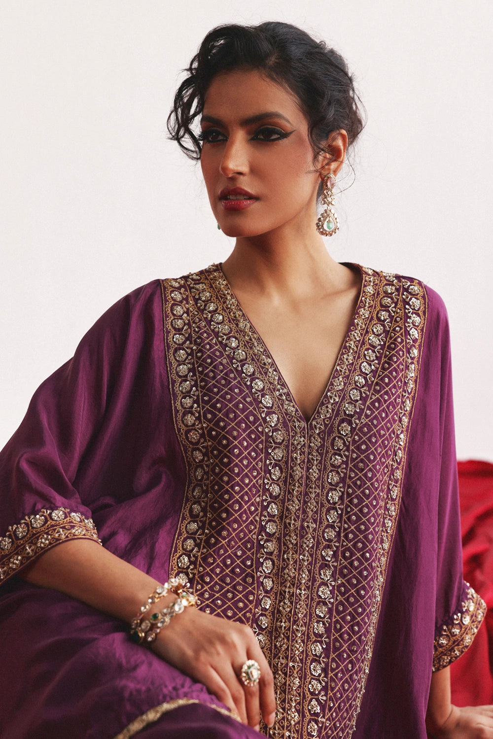 Purple Marodiwork Kaftan & Ankle Length Palazzo Set