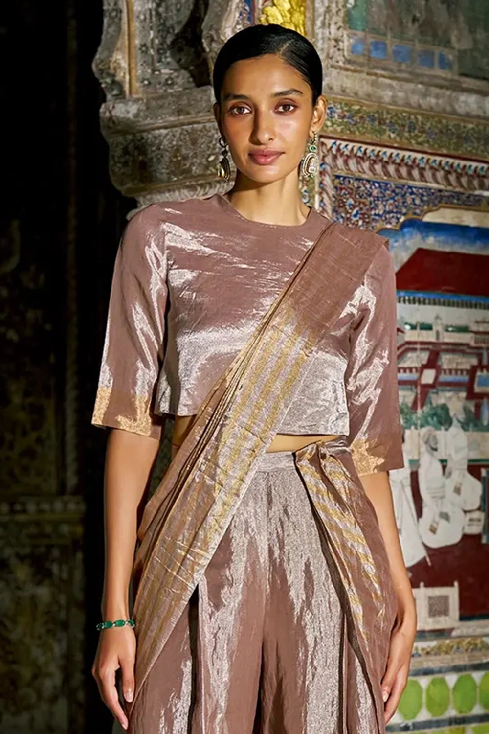Champagne Gold Benares Tissue Drape Pant Set